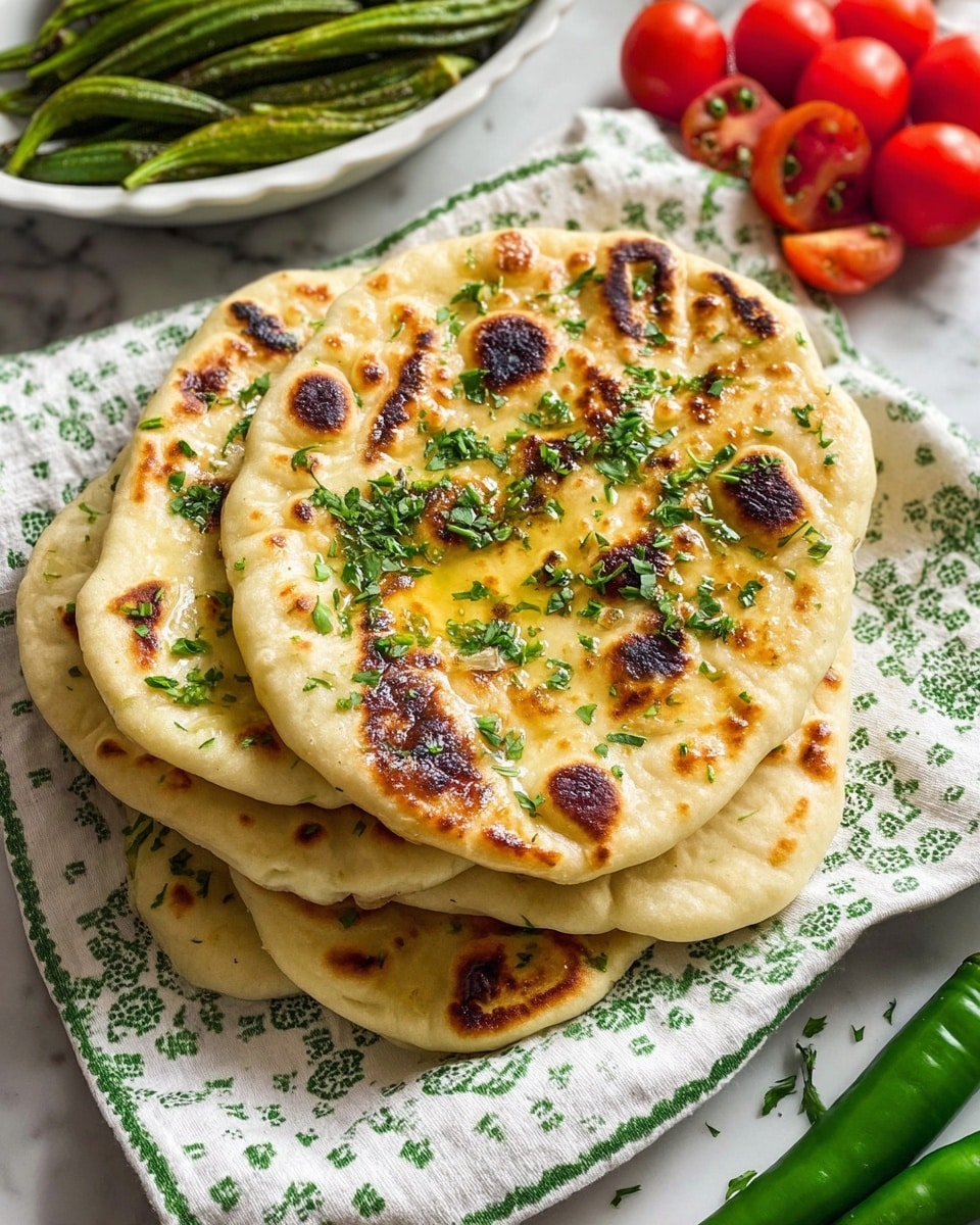 A stack of six soft, golden naan breads with a slightly uneven round shape lies on a white cloth with green print, all placed on a white marbled surface. Each naan has lightly charred spots in brown and black scattered unevenly across the surfaces, with melted butter shining on top and sprinkled with finely chopped fresh green herbs. To the top right, a white oval bowl holds several whole roasted green okras showing brown grill marks. Bright red tomato-shaped vegetables and long green chili peppers are arranged directly on the white marbled surface to the right and bottom right of the naan stack. The image looks fresh and brightly lit, photo taken with an iphone --ar 4:5 --v 7