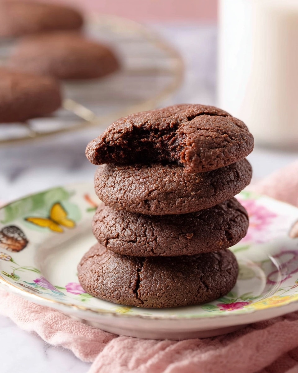 A stack of four round chocolate cookies with a rough, cracked texture is centered on a white plate decorated with colorful butterfly and flower patterns along the rim. The top cookie has a bite taken out of it, showing a slightly crumbly inside. The plate rests on a soft pink cloth over a white marbled surface. In the blurred background, part of a cooling rack with more cookies and a tall glass of milk can be seen. photo taken with an iphone --ar 4:5 --v 7