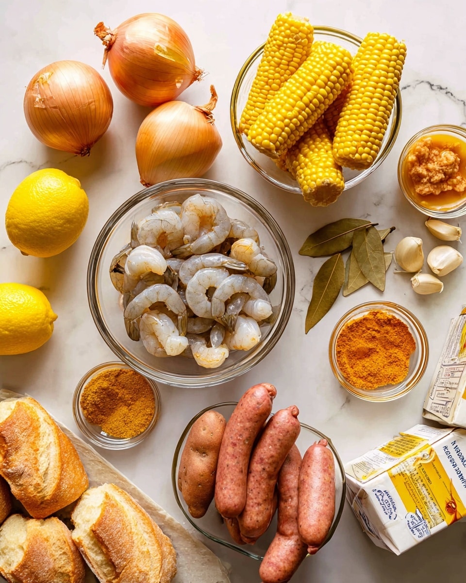 The image shows a variety of fresh cooking ingredients arranged on a white marbled surface. At the center is a clear glass bowl filled with raw shrimp that are light gray with white and pink tones, roughly 3 layers deep. To its right is a clear glass bowl piled with yellow corn cobs stacked about 4 layers high. Below that is another clear glass bowl holding small red potatoes, around 2 layers. To the top right, there is a group of raw sausages with a smooth reddish-brown skin, about 7 sausages grouped together. Nearby are two small clear glass bowls filled with orange and yellow spices, finely ground, each about one layer thick. At the top center are two whole yellow onions with a smooth skin, placed side by side. To the left near the onions are 3 garlic cloves and two dried bay leaves. Below this is a pair of bright yellow lemons. At the bottom left are several pieces of torn baguette bread with a light golden crust and soft interior, layered 2 to 3 pieces. Lastly, at the bottom right, there are two cartons of chicken broth with a beige label. The whole scene is brightly lit, and the ingredients are fresh and ready for cooking. Photo taken with an iphone --ar 4:5 --v 7