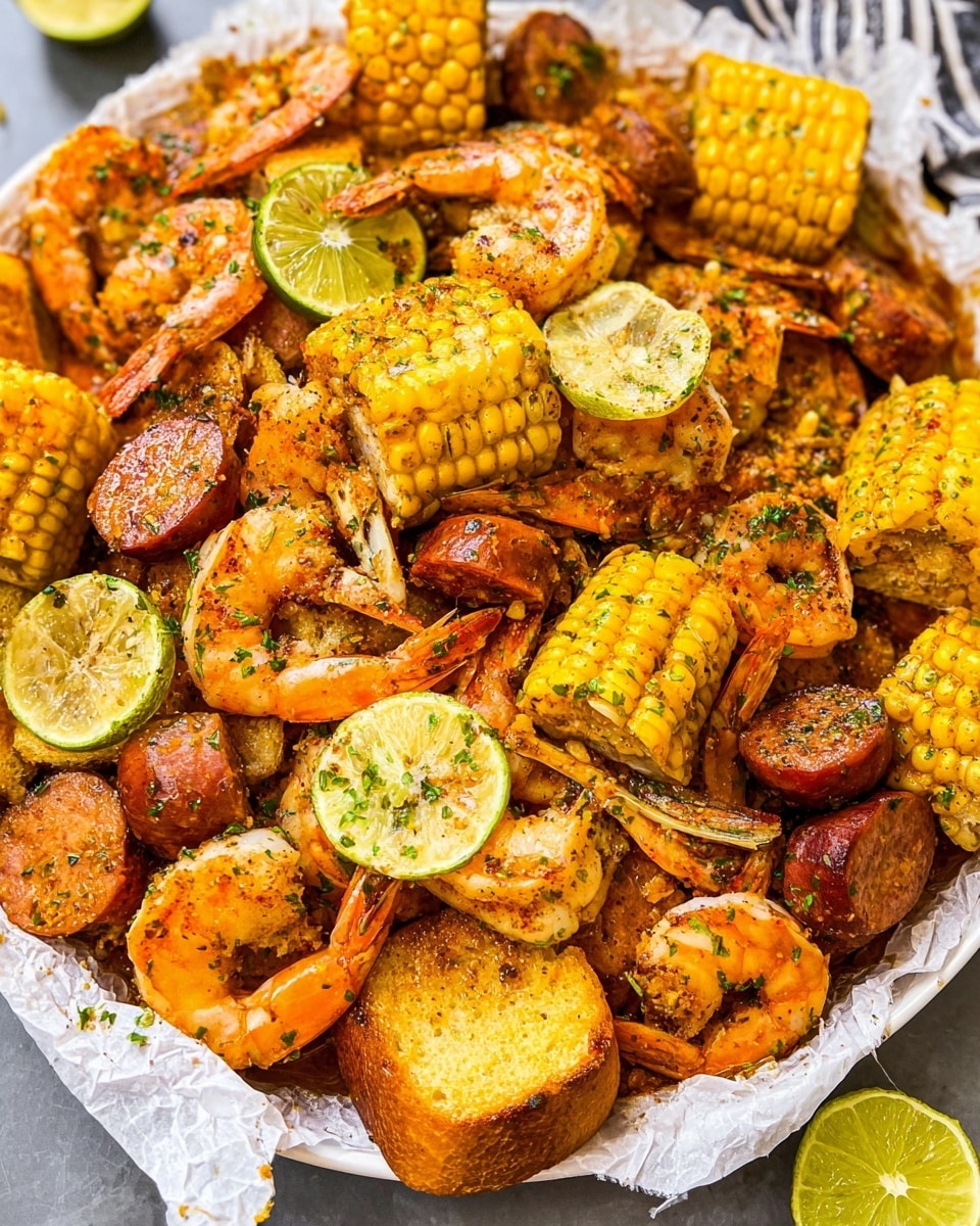 A large white dish filled with layers of cooked shrimp that are bright orange and glistening, mixed with charred yellow corn on the cob pieces. Scattered among these are chunks of seasoned sausage in a reddish-brown color and golden brown slices of toasted bread. There are also several lime and lemon halves placed on top and around the dish, adding a fresh splash of green and yellow. The food is sprinkled with herbs and spices, giving a sprinkled texture on top. The dish rests on a white marbled surface with rustic paper lining the inside of the plate. Photo taken with an iphone --ar 4:5 --v 7