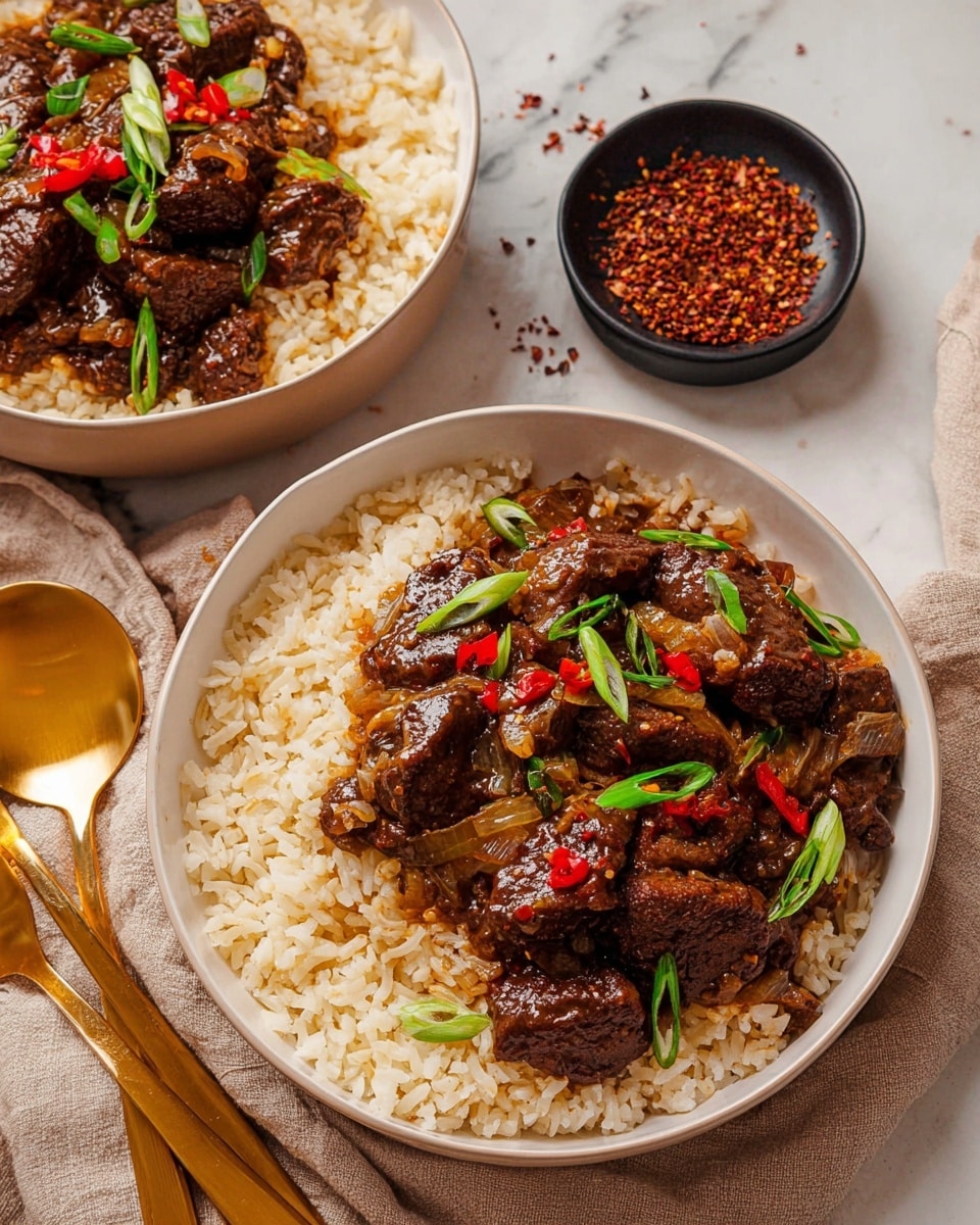 The image shows two white bowls filled with a dish of cooked white rice topped with dark brown pieces of meat mixed with sautéed onions, green onions, and small chunks of red chili peppers, creating a contrast of colors and textures. The rice layer is at the bottom with fluffy grains, while the top layer is the rich, glossy meat and vegetables in sauce. Nearby, there is a small black bowl containing reddish-brown dried seeds or spices on a white marbled surface. Next to the front bowl, golden utensils rest on a beige cloth. The photo is taken with an iphone --ar 4:5 --v 7