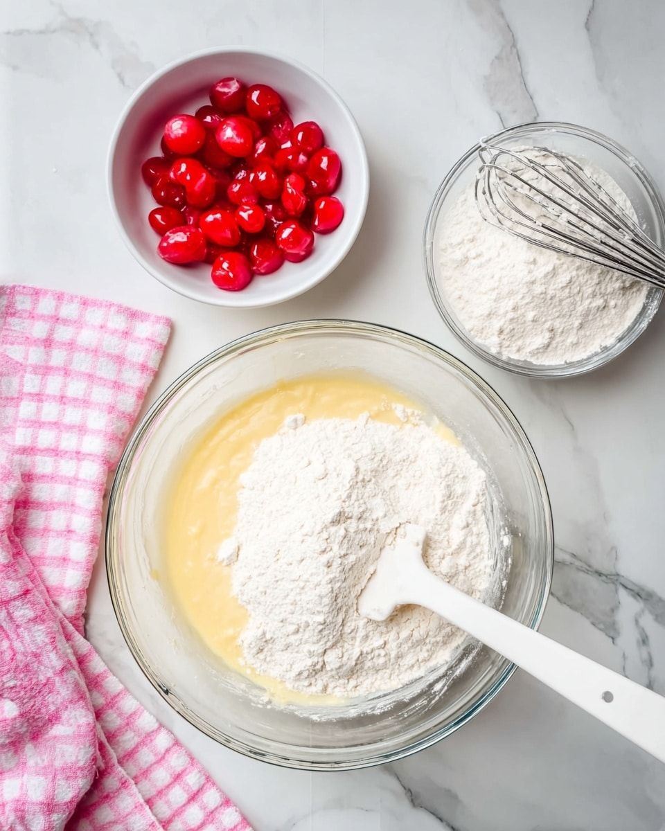The image shows three clear glass bowls on a white marbled surface. The largest bowl at the bottom contains two layers: a smooth yellow batter at the base, and a dry white flour layer on top with a white spatula resting in it on the right side. Above and to the left, a small white bowl holds bright, shiny red cherries. To the right, a medium clear bowl contains a white powder and a metal whisk with a white handle inside. A pink and white checkered cloth is visible at the bottom left corner. Photo taken with an iphone --ar 4:5 --v 7