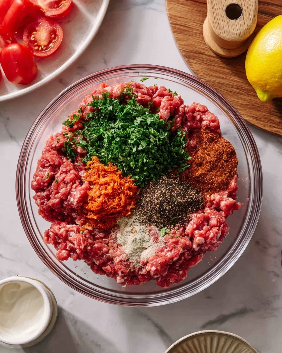 A clear glass bowl contains a mixture of raw ground meat forming the base layer, with fresh chopped green herbs piled on one side, finely minced orange-red garlic or ginger in the center, and various dry spices in shades of red, brown, and black sprinkled on top, creating a colorful contrast. Surrounding the bowl, there is a white ceramic container of white sauce at the bottom left, a white plate with halved bright red tomatoes at the bottom right, and a wooden citrus reamer with a yellow lemon at the top right. The scene is set on a white marbled surface. Photo taken with an iphone --ar 4:5 --v 7