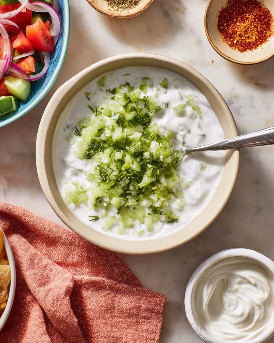 In a white bowl, there is a creamy white base with a pile of finely grated green cucumber on top, slightly mixed in, showing a soft texture with light moisture. A large metal spoon rests inside the bowl, the spoon's edge dipping into the mixture. Around the bowl are other small white dishes: one holding thick white yogurt with a swirl pattern and another with a reddish powder spice. To the left, part of a white bowl shows a colorful salad with diced cucumbers, tomatoes, and thin slices of red onion. The items are placed on a white marbled surface with a soft coral cloth near the bottom left. Photo taken with an iphone --ar 4:5 --v 7