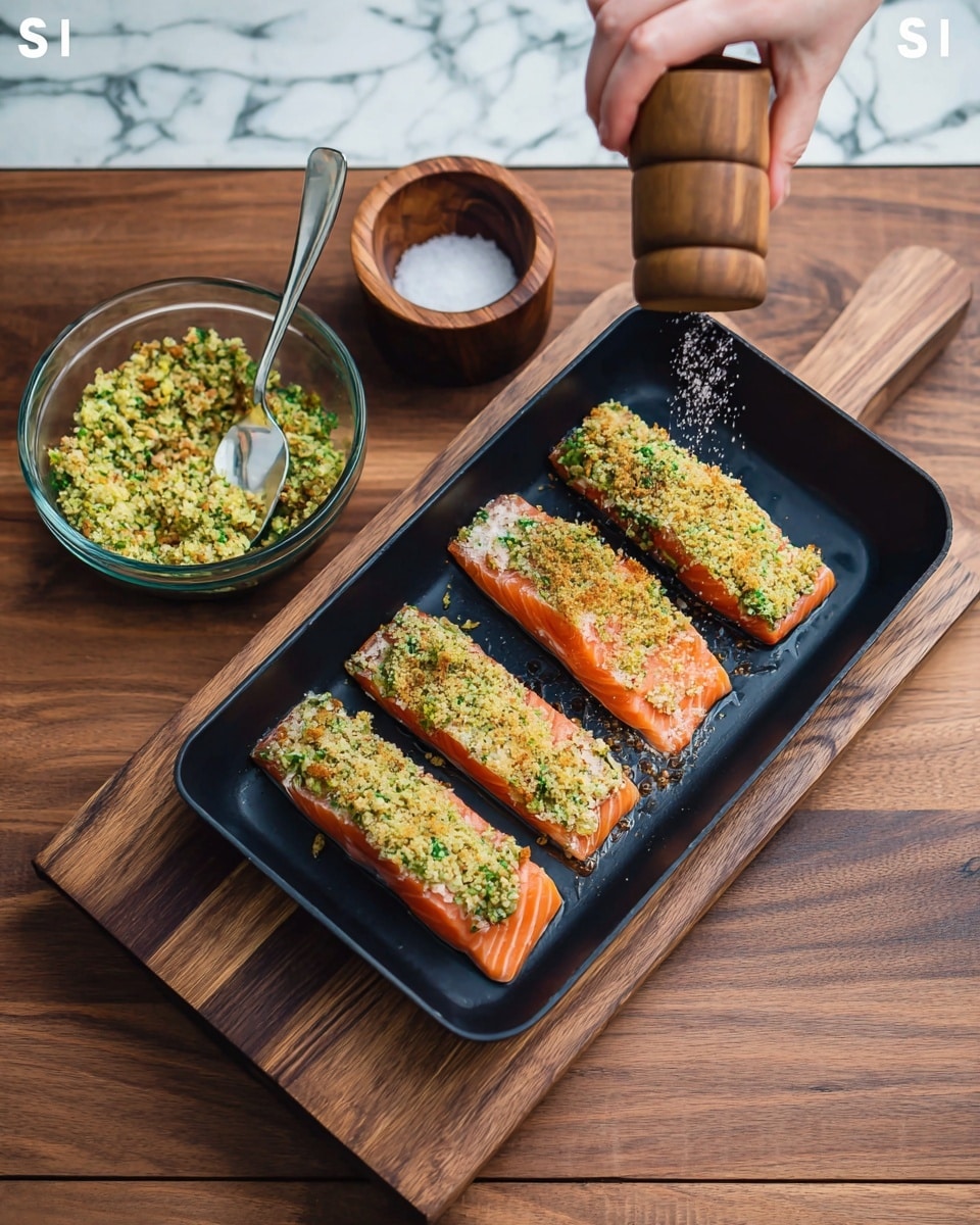 A black rectangular dish holds four pieces of raw salmon, each with an orange and light pink color, neatly placed side by side in a single row. A woman's hand is sprinkling salt from a wooden grinder onto the salmon, positioned over a dark wooden cutting board on a wooden table. Next to the dish is a small wooden container filled with salt. In the next image, the salmon pieces are topped with a thick layer of green herb and yellow breadcrumb mixture, spread evenly across the surface of each piece. A glass bowl with the same green and yellow mixture and a spoon is placed to the left of the dish. The setting remains on the dark wooden cutting board and a wooden table with a white marbled texture in the background. photo taken with an iphone --ar 4:5 --v 7