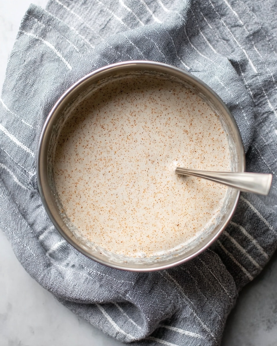 A close-up view of a round, silver mixing bowl filled with a creamy, light beige mixture that has small specks of darker brown throughout, giving the texture a slightly grainy look. Inside the bowl on the right side is a silver spoon resting partially submerged in the mixture. The bowl is placed on a soft, gray cloth with thin white stripes, which lies atop a white marbled surface. The texture of the mixture is smooth but with visible tiny bubbles and specks, creating a speckled appearance. The photo taken with an iphone --ar 4:5 --v 7