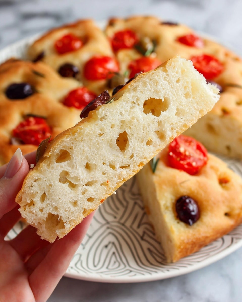 A woman's hand holds a thick slice of focaccia bread in the foreground, showing its light golden crust and airy inside with a few holes. In the background, more slices of focaccia are arranged on a white plate with a swirling pattern, topped with halved red cherry tomatoes, black olives, and small green rosemary pieces, all resting on a white marbled surface. The focaccia has a slightly rough texture on top with a soft and fluffy interior. photo taken with an iphone --ar 4:5 --v 7