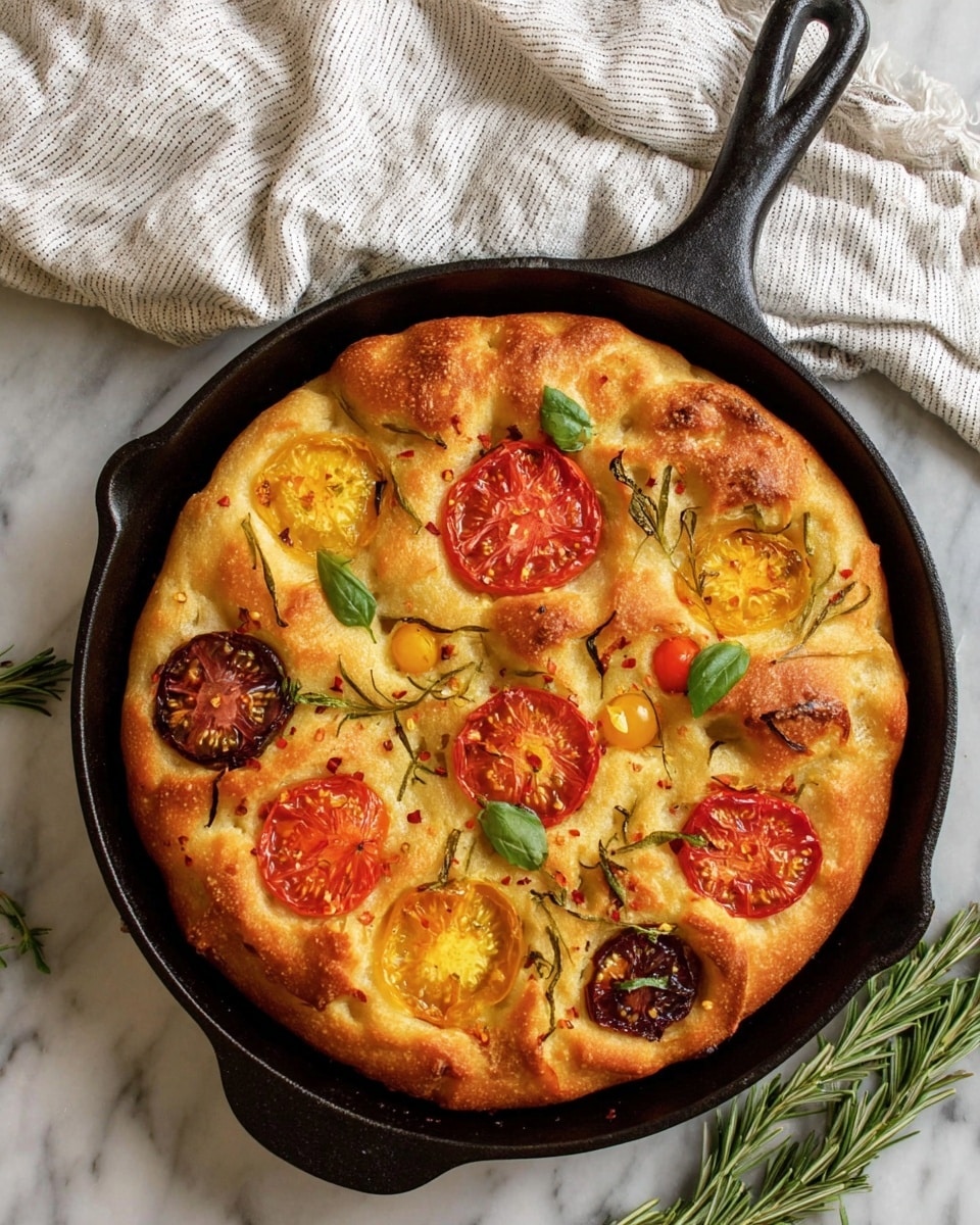 A round focaccia bread baked in a black cast iron pan with a golden-brown, puffy crust showing many holes and dimples. On top, there are large circular slices of red and yellow tomatoes arranged evenly, with small whole cherry tomatoes scattered around. Green basil leaves and sprigs of rosemary are placed among the tomatoes, adding a fresh look. The focaccia has a soft, slightly textured surface with some red pepper flakes sprinkled over it. The pan is set on a white marbled surface with a light striped cloth in the background and fresh rosemary sprigs nearby. Photo taken with an iphone --ar 4:5 --v 7