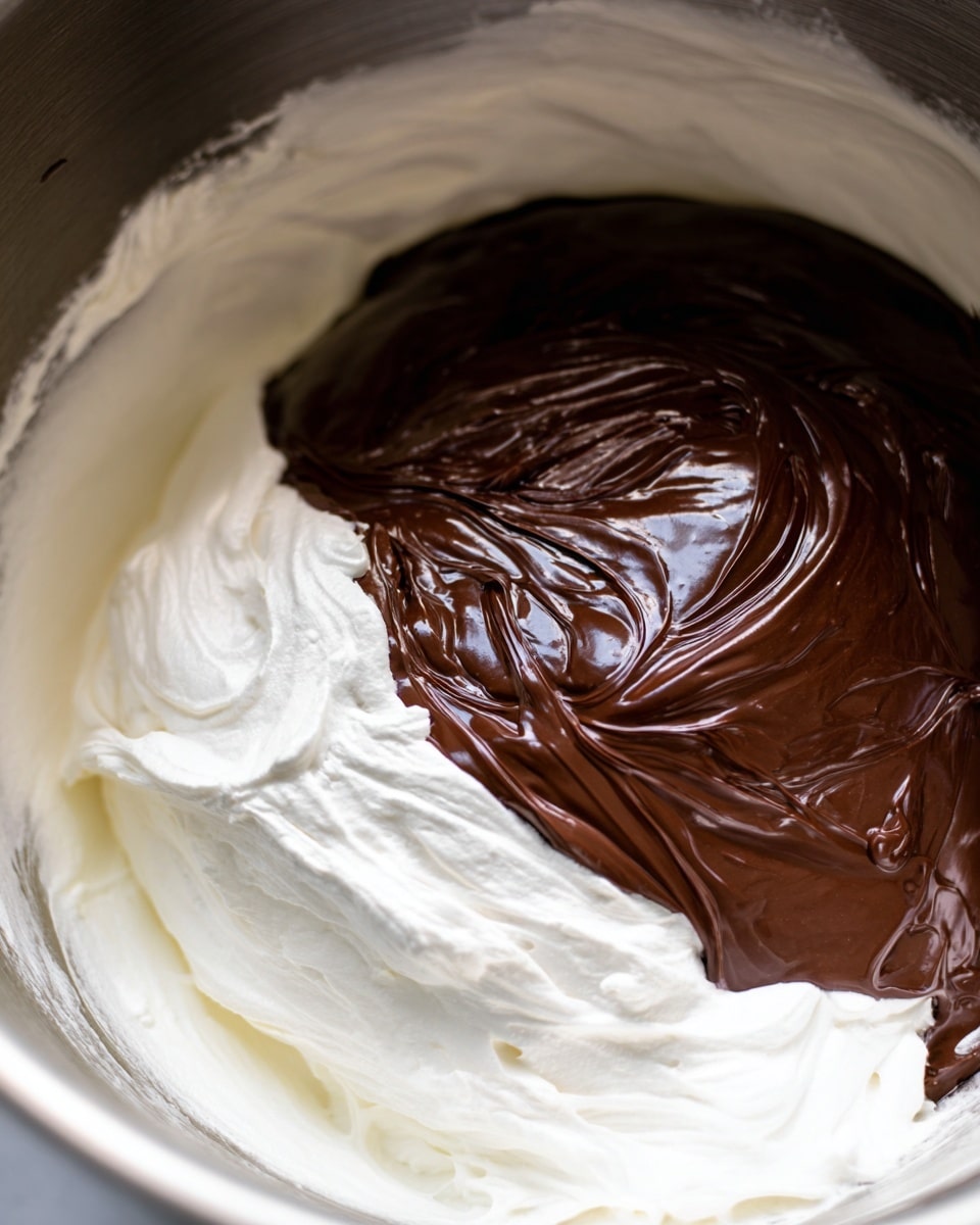 A close-up view of smooth, creamy chocolate frosting swirled inside a clear glass bowl. The frosting is thick with a rich, deep brown color and a slightly glossy texture. You can see soft peaks and gentle ridges from stirring, showing the light catching different folds and edges. Small air bubbles and slight variations in the surface add to the creamy, soft look. The bowl sits on a white marbled textured surface, adding a clean contrast to the dark chocolate. photo taken with an iphone --ar 4:5 --v 7