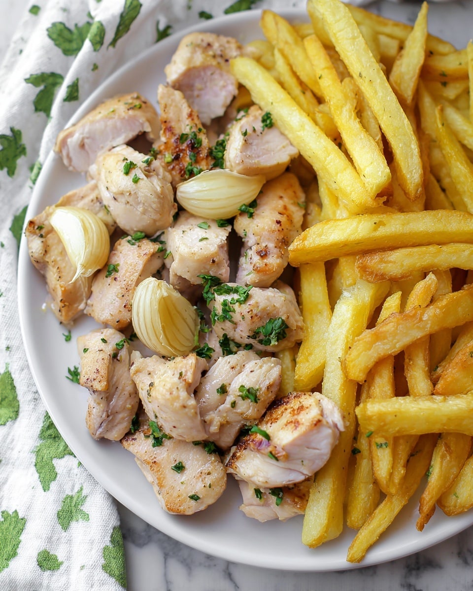 The image shows a white plate on a white marbled surface with pieces of cooked, light brown chicken scattered across the left half of the plate, some sprinkled with small green herbs. There are several whole roasted garlic cloves mixed in with the chicken pieces. On the right half of the plate, there is a heap of golden-yellow fries, also sprinkled with bits of green herbs. The chicken pieces appear tender with slight searing, and the fries are thick and crispy looking. A white cloth with green leafy prints lies beneath the plate. Photo taken with an iphone --ar 4:5 --v 7