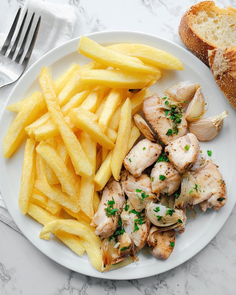 A white round plate holds a dish of golden-yellow French fries piled on the left side, looking crispy and lightly seasoned. On the right side are evenly cut pieces of light beige cooked chicken, mixed with roasted garlic cloves that have a soft caramel color. Fresh green parsley leaves are sprinkled over the chicken and fries, adding a bright touch of color. The plate is set on a white marbled surface scattered with small parsley sprigs, a whole bulb of garlic is placed at the top left, and a crusty light brown baguette is positioned at the bottom right edge. Two silver forks rest on a white napkin with green leaf prints near the top left corner. Photo taken with an iphone --ar 4:5 --v 7