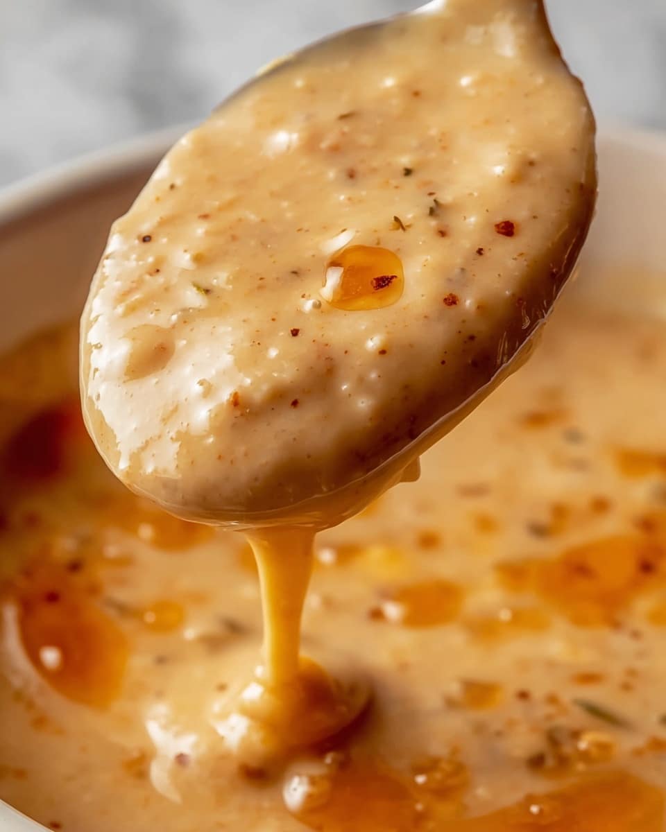 A close-up view of a thick, creamy sauce held on a spoon, showing one main layer of smooth, beige texture with small bits of browned spices and herbs throughout. The sauce has orange oily droplets scattered on top, giving it a shiny, rich look. The orange liquid drips slowly from the spoon, highlighting its smooth and slightly chunky texture. The background is a soft focus of the same sauce in a white bowl, placed on a white marbled surface. Photo taken with an iphone --ar 4:5 --v 7