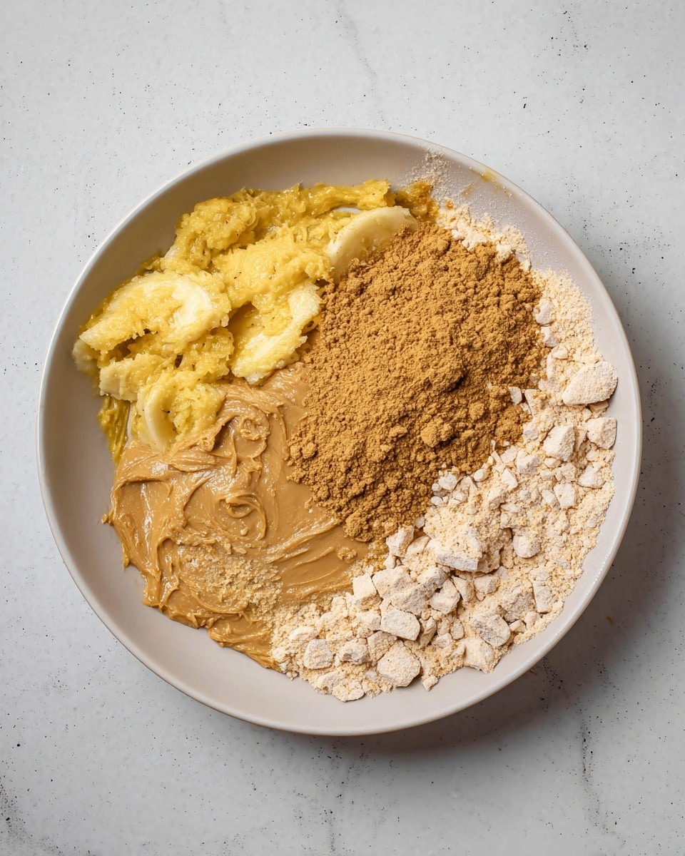 A white bowl on a white marbled surface holds five distinct layers of ingredients placed side by side without mixing. At the left edge, there is a layer of mashed yellow bananas with a soft and slightly chunky texture. Next to it, a thick, smooth layer of light brown peanut butter spreads evenly. Following that, there is a light brown powder with a fine, crumbly texture forming a small mound. The right side is covered with a large amount of pale beige powder with a granular texture, with some chunks scattered on top. The colors range from yellow to shades of brown, creating a natural and earthy look. Photo taken with an iphone --ar 4:5 --v 7