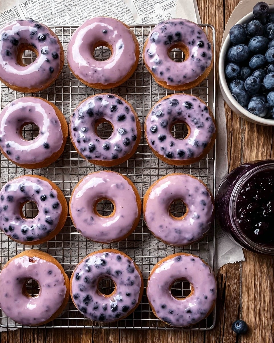 The image shows a group of light brown donuts with smooth, shiny light purple glaze dotted with darker purple spots, covering the top half of each donut. The donuts are arranged in neat rows on a metal cooling rack set against a wooden surface. In the top right corner, there is a white bowl filled with fresh dark blue blueberries next to a jar of dark purple jam on top of a piece of newspaper. The overall scene has a cozy, homemade feel with simple textures and natural colors. photo taken with an iphone --ar 4:5 --v 7