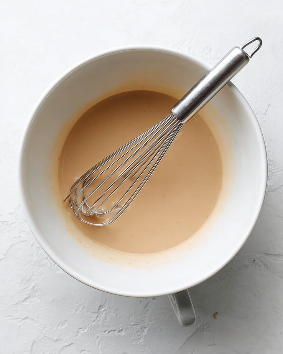 A white bowl sits on a white marbled surface, holding a smooth, light tan liquid mixture that fills about one-third of the bowl. Inside the bowl rests a silver metal whisk, positioned diagonally with its handle extending out of the bowl and its wire loops immersed in the liquid. The scene is bright and clean with no other items around, focusing entirely on the bowl and its contents. photo taken with an iphone --ar 4:5 --v 7