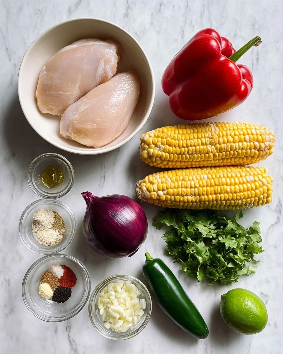 The image shows fresh ingredients arranged on a white marbled surface. There is a white bowl holding two raw chicken fillets with smooth, pale pink skin in the top left. To the right, a bright red bell pepper sits next to four ears of yellow corn lined up horizontally. Below the corn, a large deep purple onion is placed near a dark green jalapeño pepper and a small bunch of fresh green cilantro. On the bottom left, three small clear glass bowls hold different spices: one with mixed powdery red, brown, black, and white spices, one with finely grated white garlic, and one with light yellow oil. A small whole lime is placed near the cilantro. The setup is clean and well-organized, with crisp lighting and no shadows, photo taken with an iphone --ar 4:5 --v 7