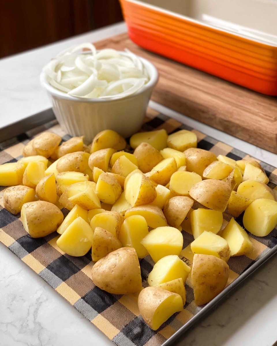 The image shows many small potato pieces with yellow flesh and light brown skin spread out on a checkered tray with black, white, and light brown squares. Behind the potatoes, there is a small white bowl filled with thinly sliced white onions. In the background, there is an orange baking dish on a wooden cutting board. The whole setup is placed on a white marbled surface in a kitchen setting. photo taken with an iphone --ar 4:5 --v 7