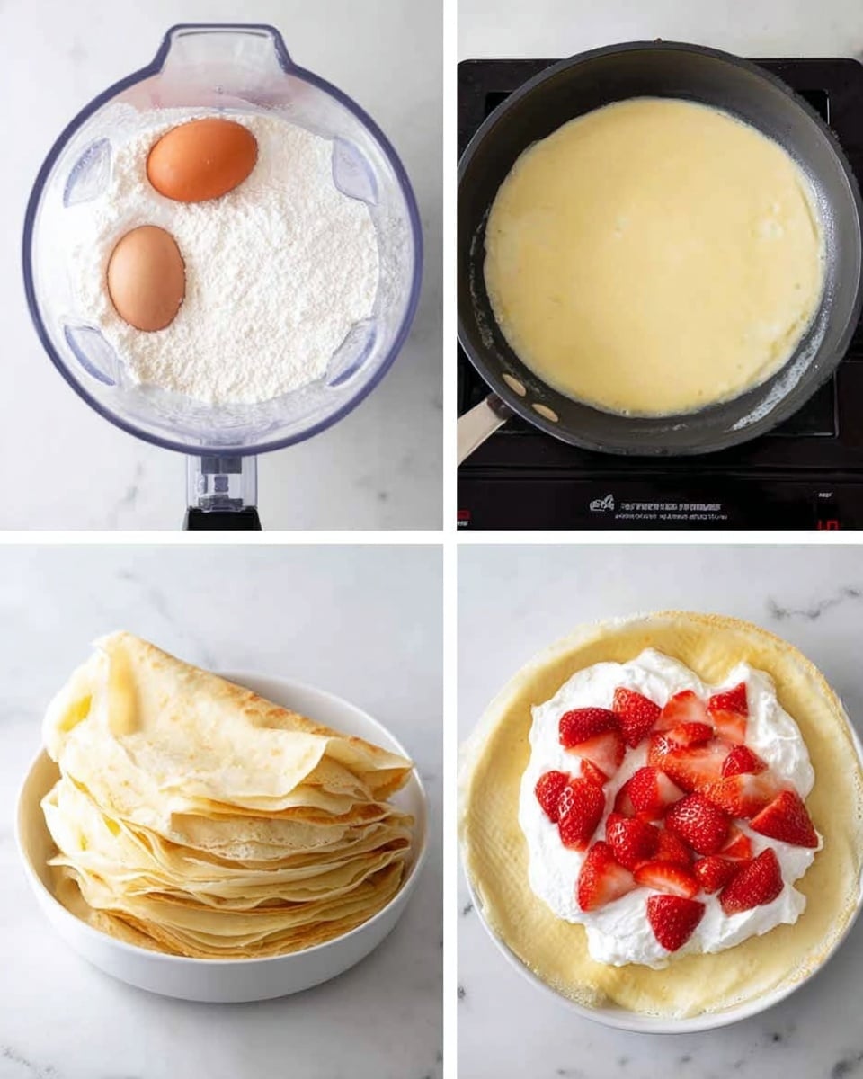 The image shows four steps of making crepes. The first part has a clear blender filled with white flour and two cracked eggs on top. The second part shows a light yellow crepe cooking on a black non-stick pan over a stove. The third part has a stack of thin, pale yellow crepes placed neatly inside a white bowl on a white marbled surface. The last part shows a close-up of a crepe laid flat, topped with dollops of white cream and fresh, bright red sliced strawberries arranged in the center. Photo taken with an iphone --ar 4:5 --v 7