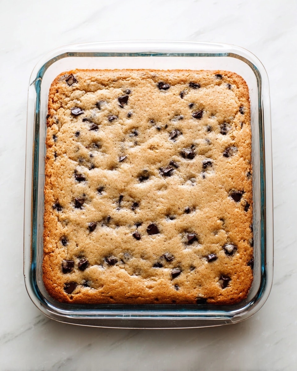 A single rectangular layer of baked cookie bar in a clear glass pan, with a light golden top scattered with small dark chocolate chunks throughout, showing a soft and slightly bumpy texture on the surface, all placed on a white marbled surface photo taken with an iphone --ar 4:5 --v 7