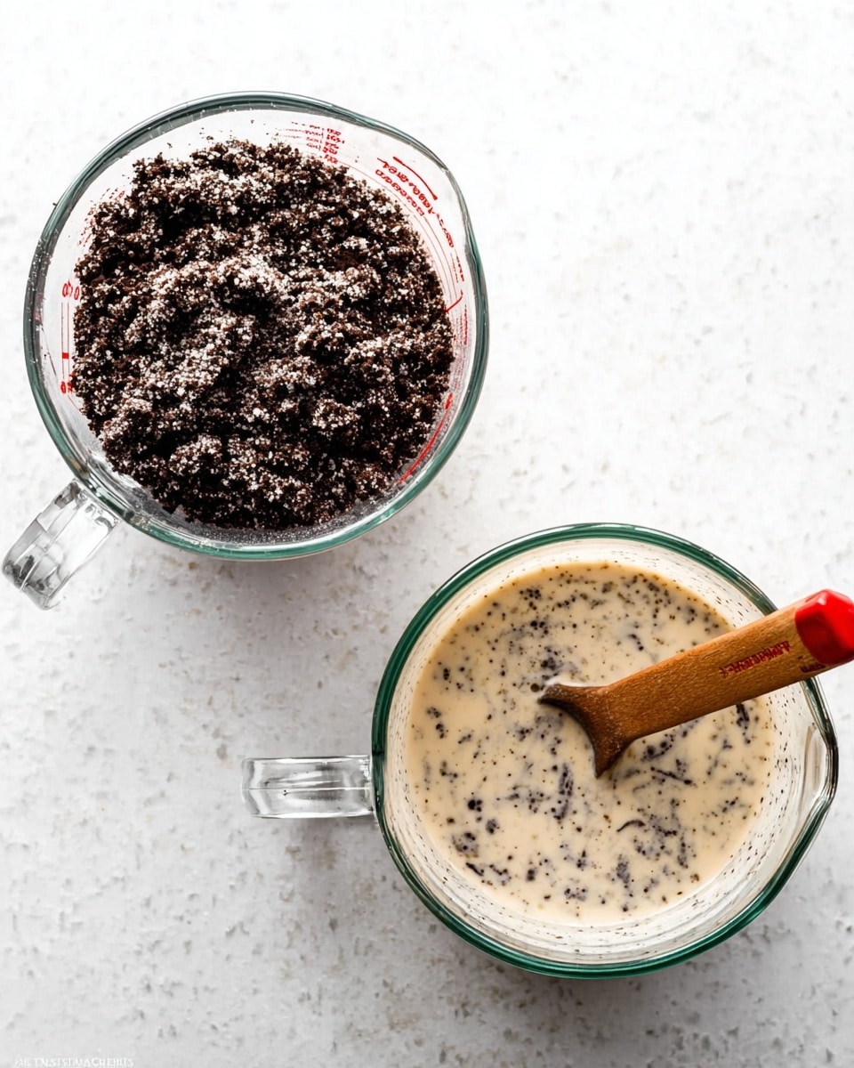 There are two clear glass measuring cups sitting on a surface with white marbled texture. The cup on the left is filled with dark brown crushed cookie pieces, showing a rough, chunky texture with bits of white cream visible. The cup on the right holds a creamy light beige mixture with small dark cookie crumbs mixed evenly throughout, and a wooden spoon with a red silicone tip resting inside the cup. Photo taken with an iphone --ar 4:5 --v 7