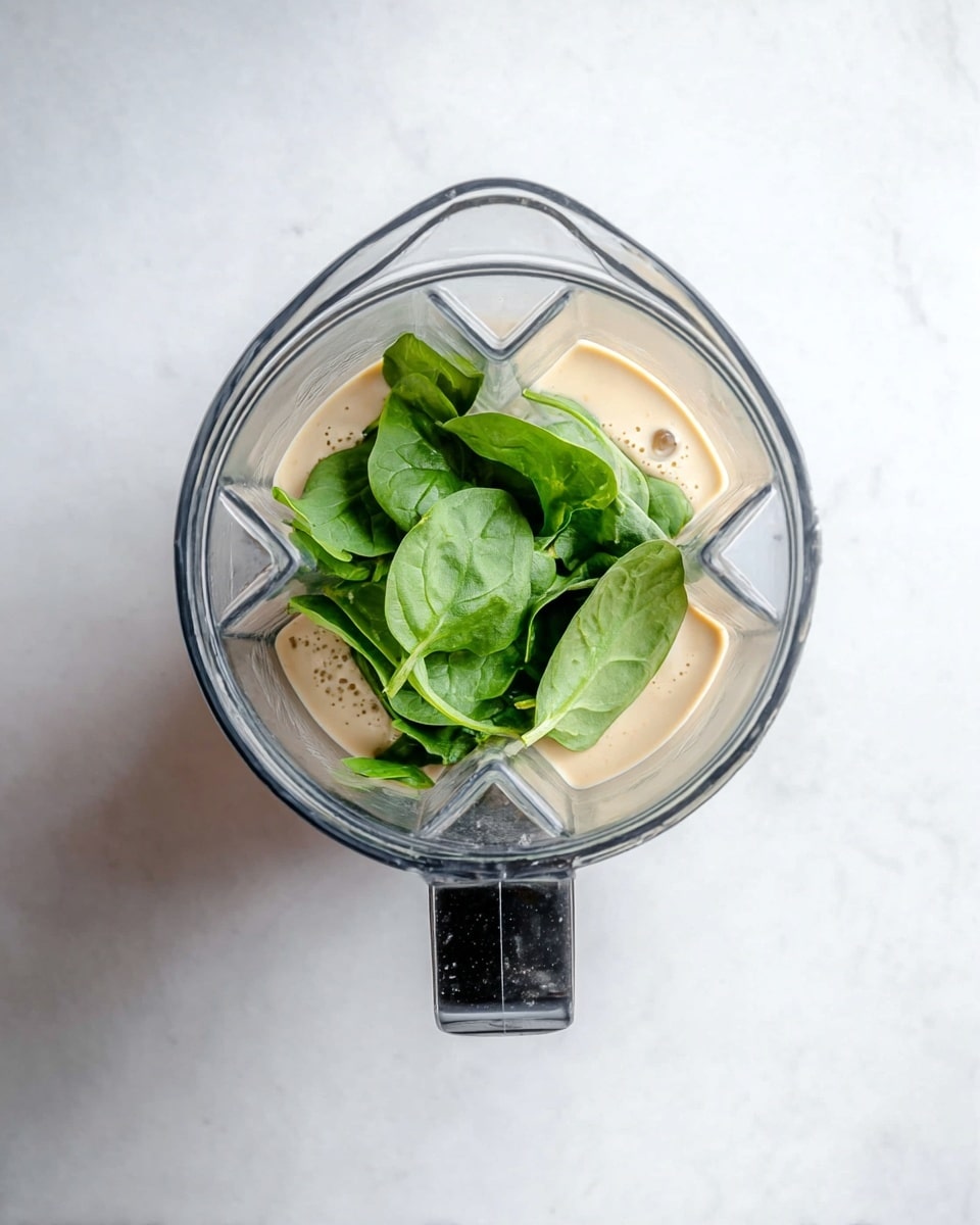 A clear blender container is shown from above, holding three distinct layers. The bottom layer is a light beige liquid with a smooth texture. On top of this, there are several fresh, bright green spinach leaves with visible veins and stems, positioned unevenly. Some of the beige liquid spills slightly over the spinach, adding a glossy look. The blender is placed on a white marbled surface. photo taken with an iphone --ar 4:5 --v 7