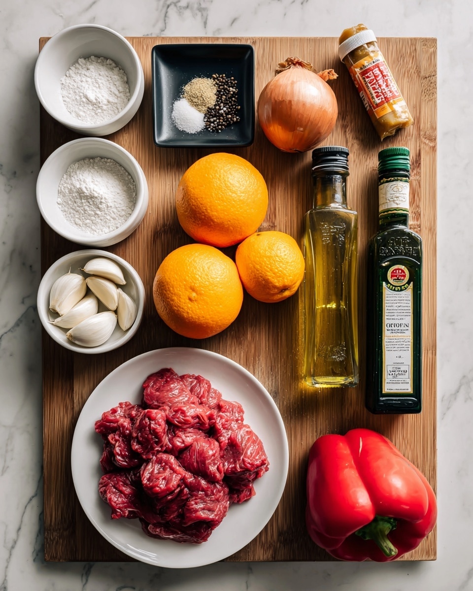 A wooden board placed on a white marbled surface holds various ingredients neatly arranged in small white dishes and directly on the board. In the top left corner, small white round dishes contain white corn flour, black pepper, and salt arranged vertically. Next to these is a small black square dish filled with white sugar and two whole bright orange oranges placed nearby. In the top center, a tube of ginger paste and a whole onion sit side by side. Moving to the right, two bottles—one of dark green avocado oil and one of clear rice vinegar—stand upright. In the bottom center, a white plate holds a mound of raw sliced red beef. Fresh garlic cloves lie below the sugar and beef. Finally, a bright red pepper rests on the bottom right corner of the board. All items are clearly separated and visible in natural light. photo taken with an iphone --ar 4:5 --v 7