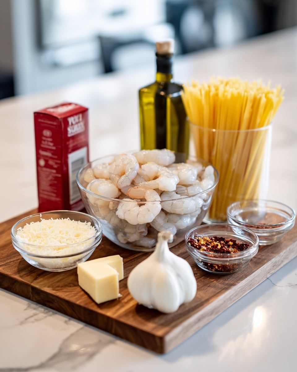 The image shows several cooking ingredients arranged on a wooden board with a white marbled countertop in the background. From left to right, there is a red box of kosher salt standing upright, a clear glass bowl with raw shrimp showing a pale pinkish-gray color, a small glass bowl with a piece of pale yellow butter, a single clove of white garlic placed directly on the board, a small glass bowl of grated white Parmesan cheese, a clear glass container holding upright yellow fettuccine pasta sticks, a clear plastic spice jar filled with reddish brown chili flakes, and a dark green bottle of olive oil. The setup is well-lit and organized in a row, with the kitchen area slightly blurred behind. photo taken with an iphone --ar 4:5 --v 7