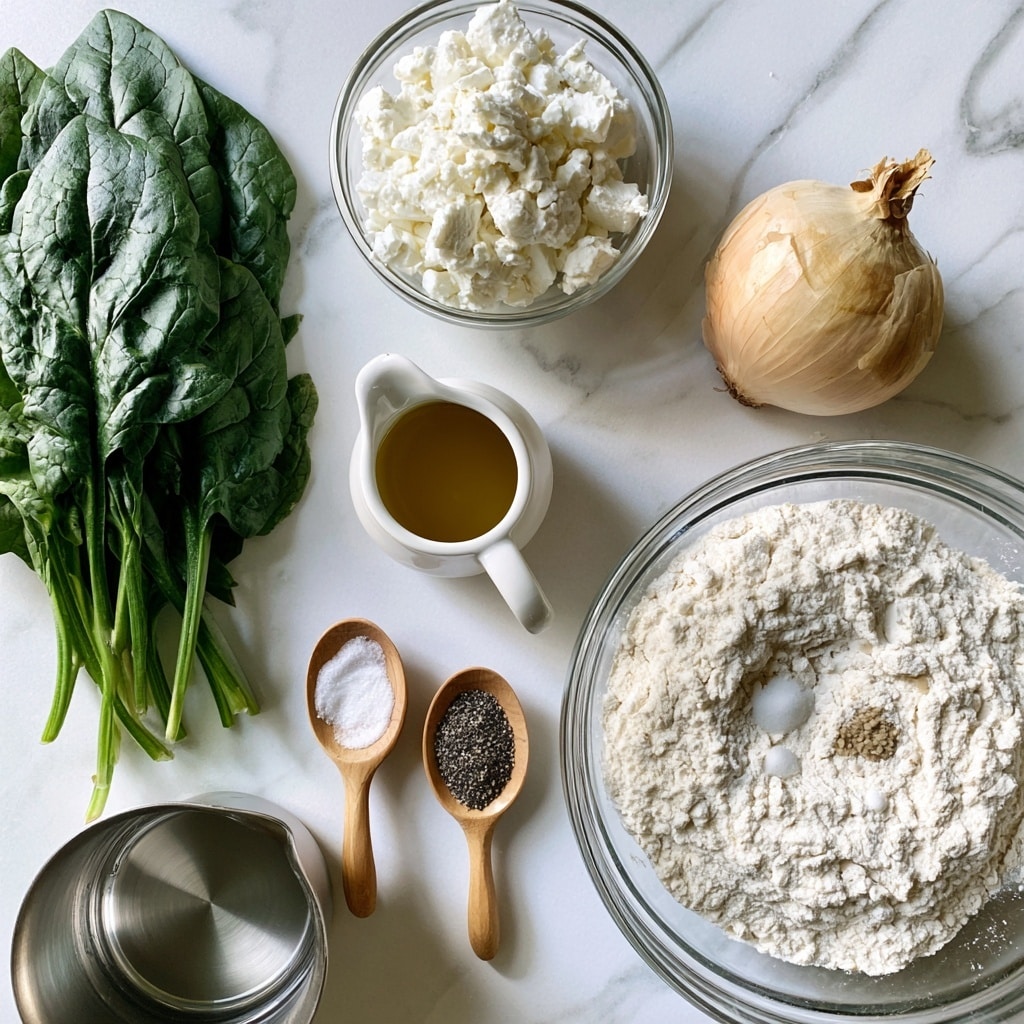 A bunch of dark green spinach leaves with visible veins and stems lies on the left side. Above center, there is a clear glass bowl filled with crumbled white feta cheese. Below the bowl of feta, a white small pitcher contains golden olive oil. To the right of the pitcher, a whole light brown onion with dry skin sits on the white marbled surface. Below, two small wooden spoons hold salt and ground black pepper, showing contrasting colors of white and dark gray. In the bottom right corner, a large clear glass bowl holds white flour with small mounds of salt and instant yeast in the center. To the left of the flour bowl, a metal measuring cup with clear water reflects light on the white marbled surface. Photo taken with an iphone --ar 4:5 --v 7