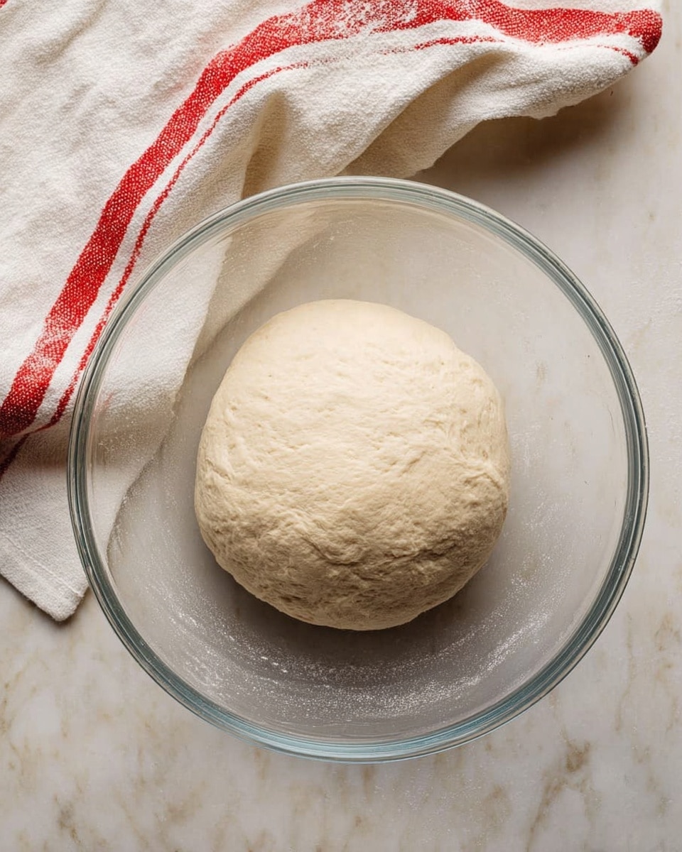 A smooth, round dough ball with a light beige color sits in the center of a clear glass bowl. The dough looks soft and slightly puffy, resting on a white marbled surface. In the top part of the image, there is a white cloth with red stripes, adding a cozy touch to the scene. photo taken with an iphone --ar 4:5 --v 7