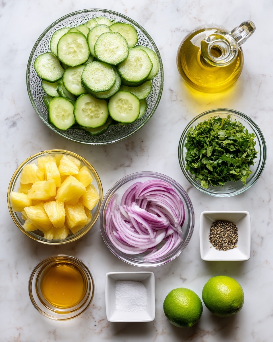The image shows a collection of ingredients arranged on a white marbled surface. There is a glass bowl filled with light green cucumber slices with a textured edge on the top left. Next to it on the right is a clear glass bottle of yellow olive oil with a metal spout. Below the cucumber, there is a smaller glass bowl holding chopped green cilantro. To the right of the cilantro is a larger glass bowl containing light yellow pineapple pieces cut into chunks. Below the pineapple is another glass bowl with thin slices of red onion showing white and purple layers. On the bottom left, there is a small bowl with golden honey shining in the light, and next to it are two small white square dishes, one with fine white salt and the other with ground black pepper. Two whole bright green limes rest on the bottom right. All items are neatly spaced and labeled with black text in a playful font. Photo taken with an iphone --ar 4:5 --v 7