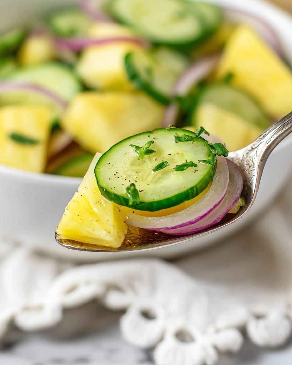 A close-up of a spoon holding a bite of fresh salad with three layers: a bright yellow triangular pineapple piece at the bottom, a thin curved slice of red onion in the middle, and a textured green cucumber slice with a wavy edge on top, all sprinkled with small pieces of green herbs and black pepper. In the blurred background, the rest of the salad with similar ingredients is inside a white bowl placed on a white marbled surface next to a white cloth with round trim. Photo taken with an iphone --ar 4:5 --v 7