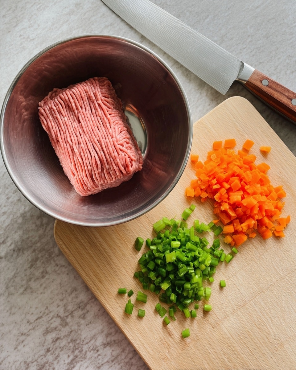 A stainless steel bowl holds a block of raw pink ground meat with thin ridges on top. Next to it on the top right is a light wooden cutting board with two piles of chopped vegetables: bright orange small carrot pieces on the left and fresh green chopped spring onions on the right. A large knife with a wooden handle lies diagonally on the cutting board above the chopped vegetables. The background shows a white marbled texture. photo taken with an iphone --ar 4:5 --v 7