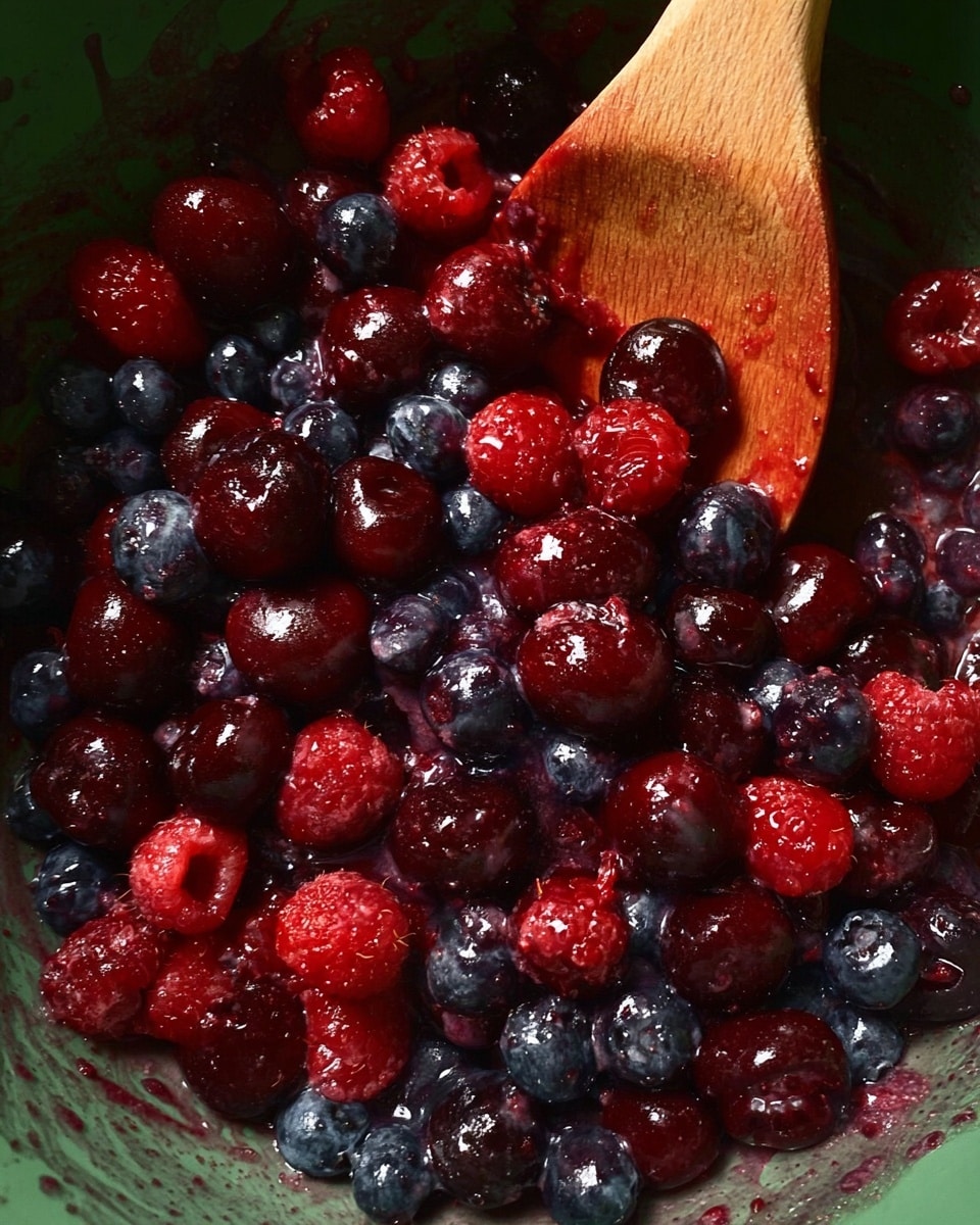 A close-up of a green bowl filled with mixed berries including blueberries, raspberries, and halved cherries all coated in a shiny, slightly thick juice. A wooden spoon rests inside the bowl, showing a smooth texture with some juice stains. The background is not visible clearly but the focus is on the rich dark purple and red colors of the berries with some berries slightly crushed. photo taken with an iphone --ar 4:5 --v 7