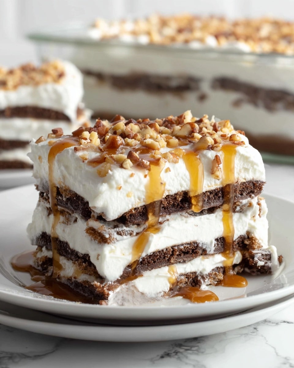 The image shows a layered dessert on a white plate with four visible layers of thin, dark brown cake alternating with thick layers of white cream. The top layer of cream is sprinkled with small pieces of light brown nuts and drizzled with golden caramel sauce. The dessert looks soft and creamy, with some cream slightly spilling over the sides. The background has a white marbled texture, and behind the dessert, there is a glass dish with more of the same dessert inside. photo taken with an iphone --ar 4:5 --v 7