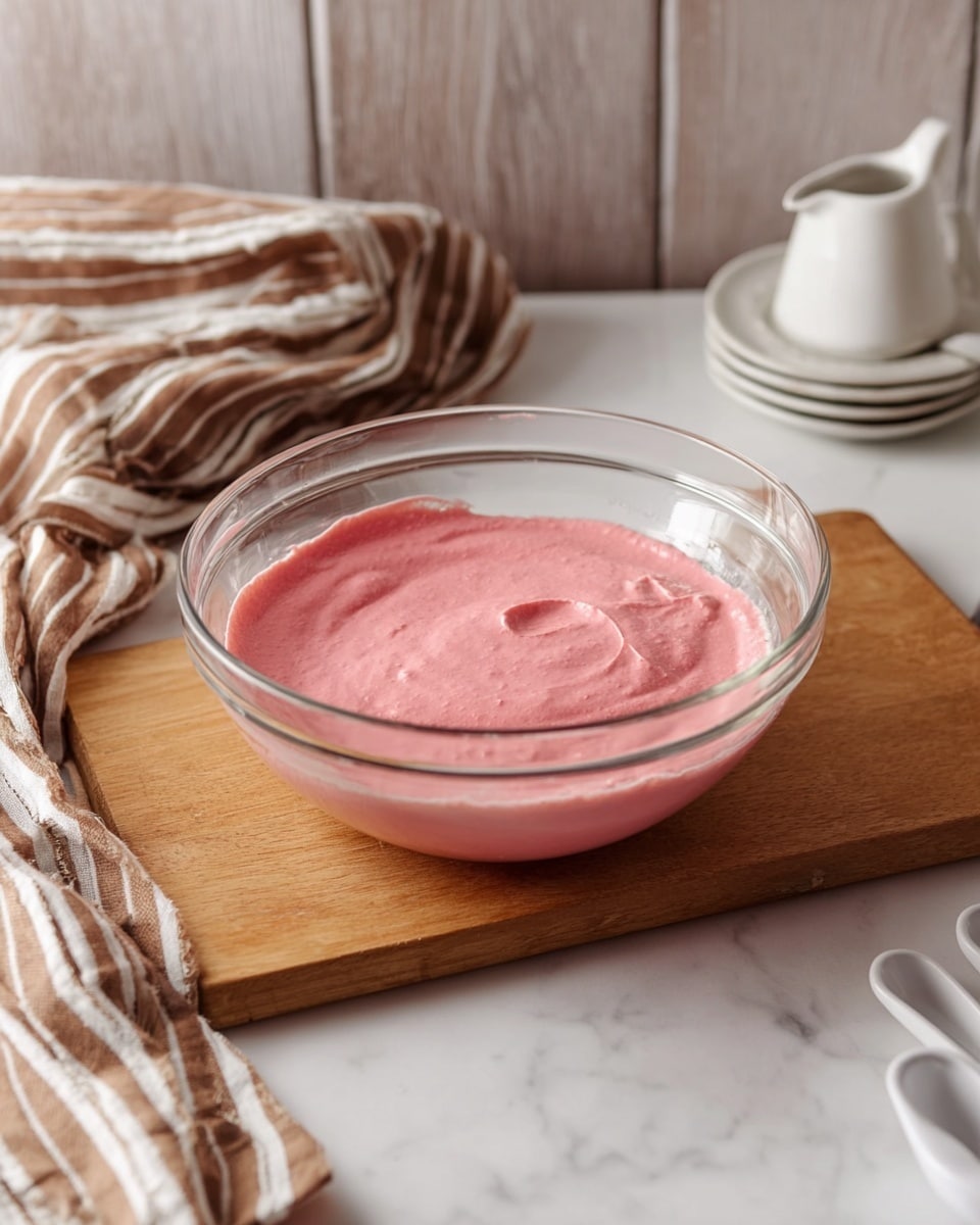 A clear glass bowl sits on a wooden cutting board placed on a white marbled surface. Inside the bowl is a smooth, thick, creamy mixture with a vibrant pink color, filling about half of the bowl. In the background, there is a folded brown and beige striped cloth and a stack of small white plates. On the right side, a small white pitcher is visible, and in the foreground, white measuring spoons rest on the surface next to another piece of the brown and beige striped cloth. The scene is softly lit, creating a warm and inviting kitchen atmosphere. photo taken with an iphone --ar 4:5 --v 7