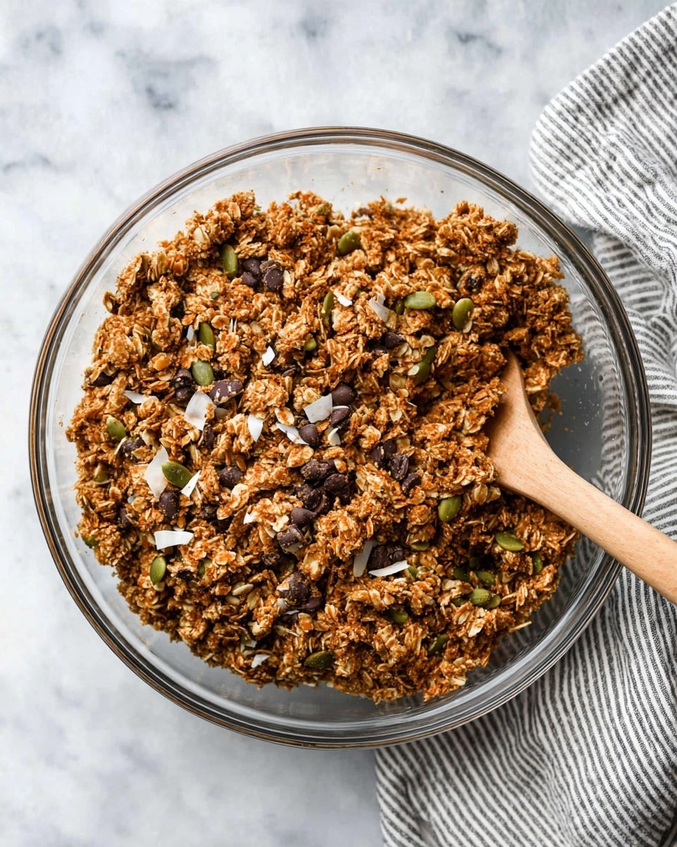 A clear glass bowl filled with a thick mix of granola that has a rough, crumbly texture and a golden brown color. The granola contains visible dark brown chocolate chips, light green pumpkin seeds, small pale coconut flakes, and oats scattered throughout. A wooden spoon with a smooth, light brown handle is resting in the bowl, partially buried in the granola. The bowl is set on a white marbled surface, and a striped cloth in grey and white is partly visible to the right. photo taken with an iphone --ar 4:5 --v 7