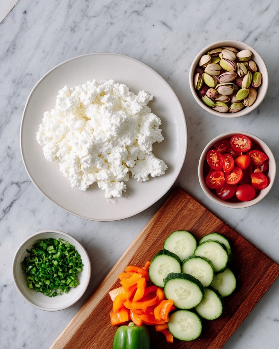 A top view of a simple food setup showing a large white plate filled with creamy white cottage cheese in the center. To the right, there are two small white bowls, one filled with shelled pistachios showing green and light brown tones, and the other with bright red cherry tomato halves. Below the plate, a wooden cutting board holds round green cucumber slices, orange bell pepper pieces, and a whole cucumber partially sliced. At the bottom left corner, there is a small white bowl filled with chopped green chives. All items are placed on a white marbled surface. Photo taken with an iphone --ar 4:5 --v 7