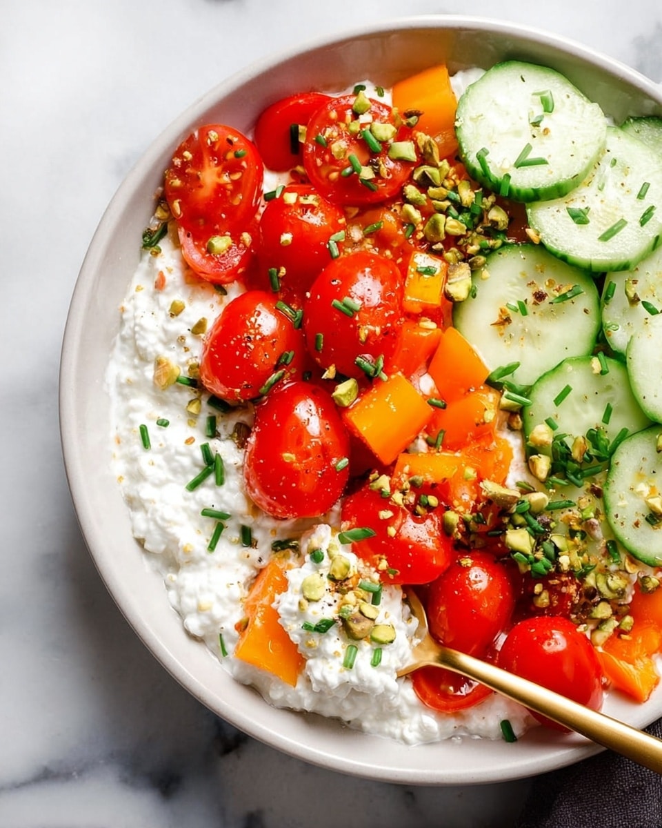 A white bowl filled with a base layer of creamy white cottage cheese, topped with bright red halved cherry tomatoes scattered across one side, and vibrant orange bell pepper chunks near the tomatoes. On the opposite side, there are round, fresh light green cucumber slices arranged neatly. Chopped green chives and crushed pistachio pieces are sprinkled evenly over the whole dish. A gold spoon rests in the bowl, scooping some cottage cheese with bell pepper and tomatoes. The bowl is placed on a white marbled surface. Photo taken with an iphone --ar 4:5 --v 7