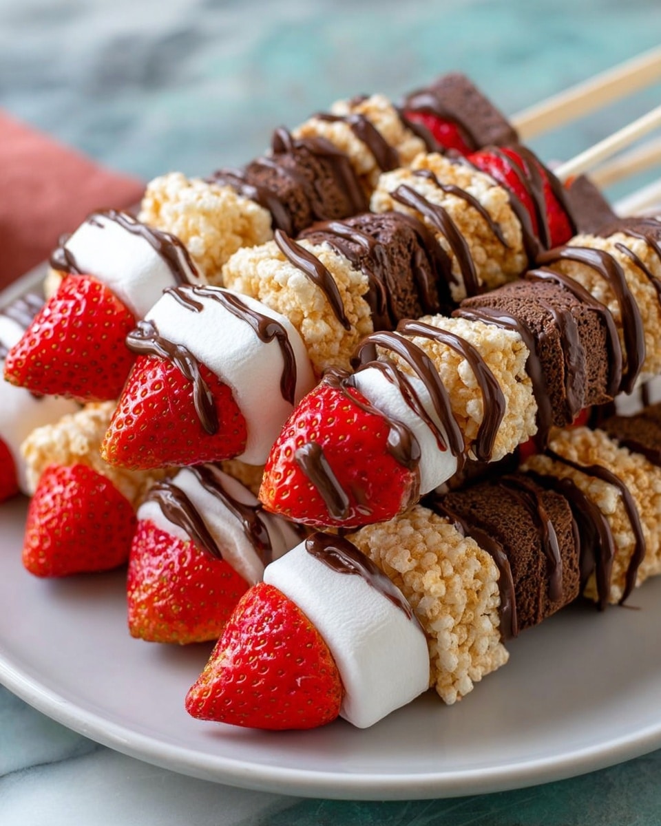 The image shows five skewers of colorful treats stacked on a white plate with a white marbled surface underneath. Each skewer has five layers: a bright red strawberry at the tip with a smooth texture and pointed shape, a white marshmallow, a light beige rice crispy square, a golden brown soft round pastry, and a dark brown chocolate brownie piece. All layers are drizzled with thin lines of melted chocolate, adding a deep brown color and glossy texture on top. The skewers are close together, showing a mix of rough, smooth, and soft surfaces with a clean and fresh look. Photo taken with an iphone --ar 4:5 --v 7