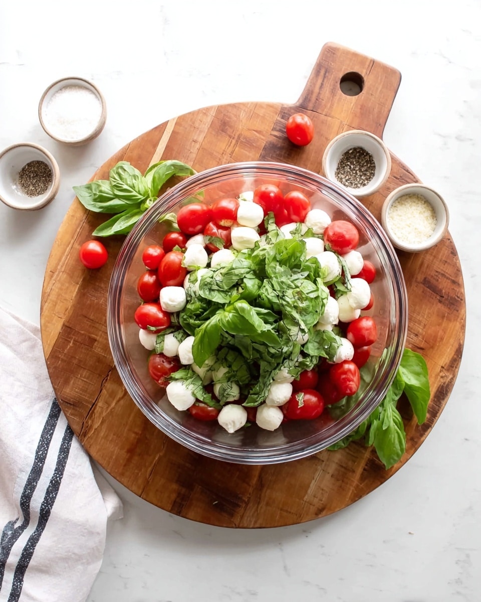 A clear glass bowl sits in the center of a round wooden board with a handle, placed on a white marbled surface. Inside the bowl, three layers are visible: the bottom layer is small red cherry tomatoes, the middle layer is white mozzarella balls, and the top layer is fresh green basil leaves scattered loosely. Around the bowl on the wooden board, a few cherry tomatoes and basil leaves are placed. On the table next to the board, there are two small bowls, one with black pepper and the other with a white powdery substance, along with a white towel with black stripes on the left side. photo taken with an iphone --ar 4:5 --v 7