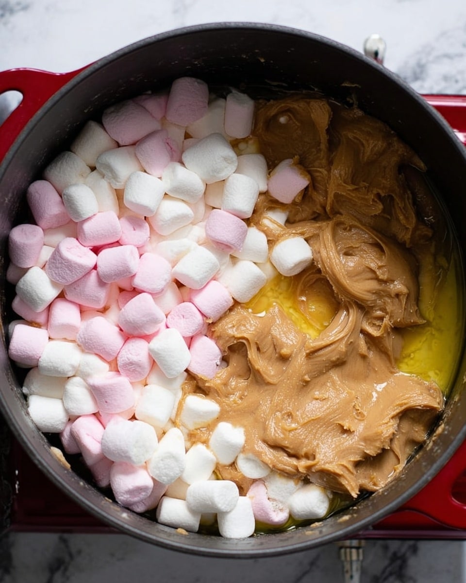 Inside a black pot on a red stove, layers of mini marshmallows in white and pink fill the left side, while dollops of light brown peanut butter sit on the right side, mixing with a melting yellow butter underneath. The marshmallows have a soft, fluffy texture contrasting with the creamy, smooth peanut butter and glossy butter base. The pot’s dark interior highlights the bright, pastel colors of the ingredients. The background is a white marbled surface photo taken with an iphone --ar 4:5 --v 7