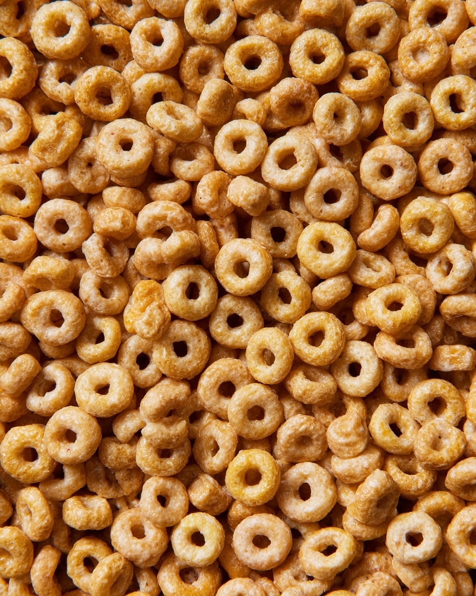 A close-up view of many small, round cereal pieces with a hole in the middle, all tightly packed together. The cereal is light brown and shiny, showing a slightly smooth texture with some pieces turned darker at the edges. The image focuses only on the cereal with no bowl, plate, or background visible, though it implies they are on a white marbled surface. photo taken with an iphone --ar 4:5 --v 7
