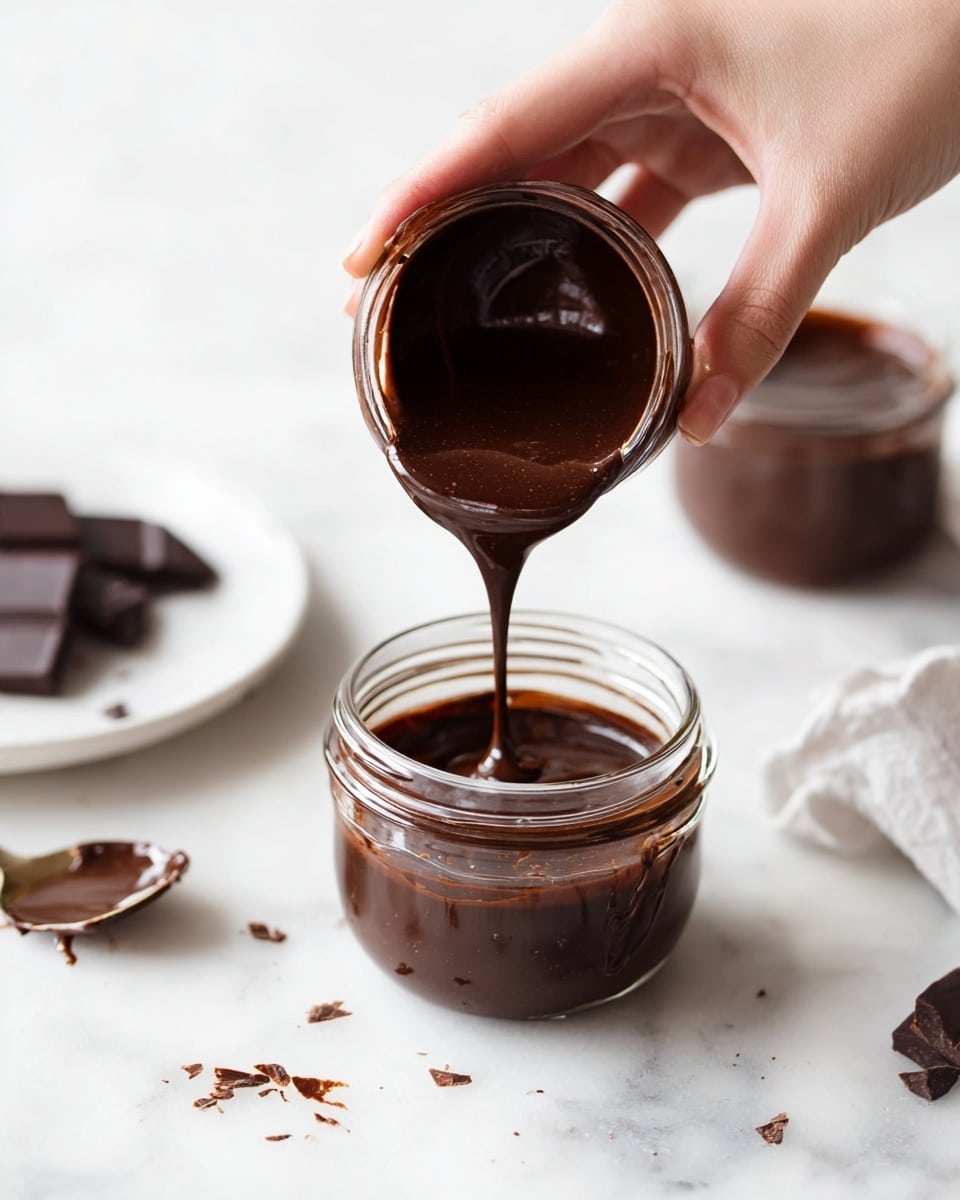 A woman's hand is pouring thick, shiny dark brown chocolate sauce from a small glass jar into a full glass jar below, creating a smooth, swirling surface. The jars are clear, showing the rich chocolate inside. The scene is set on a white marbled surface with pieces of dark chocolate scattered around, and a small white plate with more chocolate sauce in the background. photo taken with an iphone --ar 4:5 --v 7
