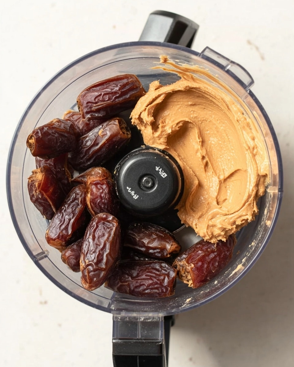 A clear food processor bowl filled with dark brown whole dates arranged mainly along the edges and a thick dollop of creamy, light brown peanut butter placed on the right side on top of some dates, resting on a white marbled surface. The food processor’s black blade is visible in the center under the ingredients, and the bowl handle is black and visible on the left side. Photo taken with an iphone --ar 4:5 --v 7