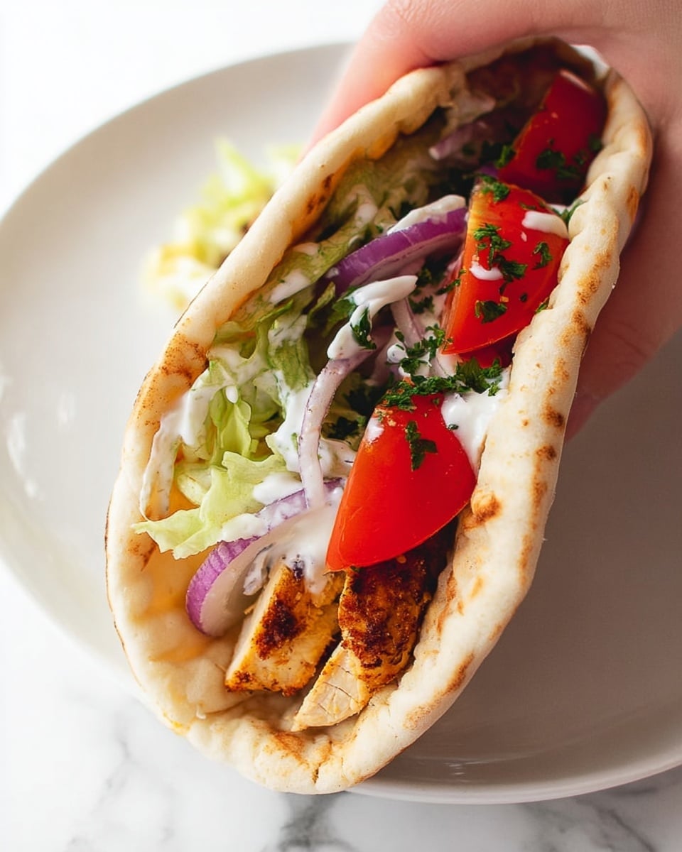 A close-up of a folded pita bread sandwich held by a woman's hand, showing layers inside. The outer layer is a soft, light beige pita with some brown toasted spots. Inside, at the bottom, there is a layer of golden-brown grilled chicken slices. On top of the chicken, there are bright red tomato slices and rings of purple onion. Above these, there is light green shredded lettuce with a drizzle of white sauce and small green herb pieces scattered over everything. The sandwich is placed on a white plate set on a white marbled surface. photo taken with an iphone --ar 4:5 --v 7