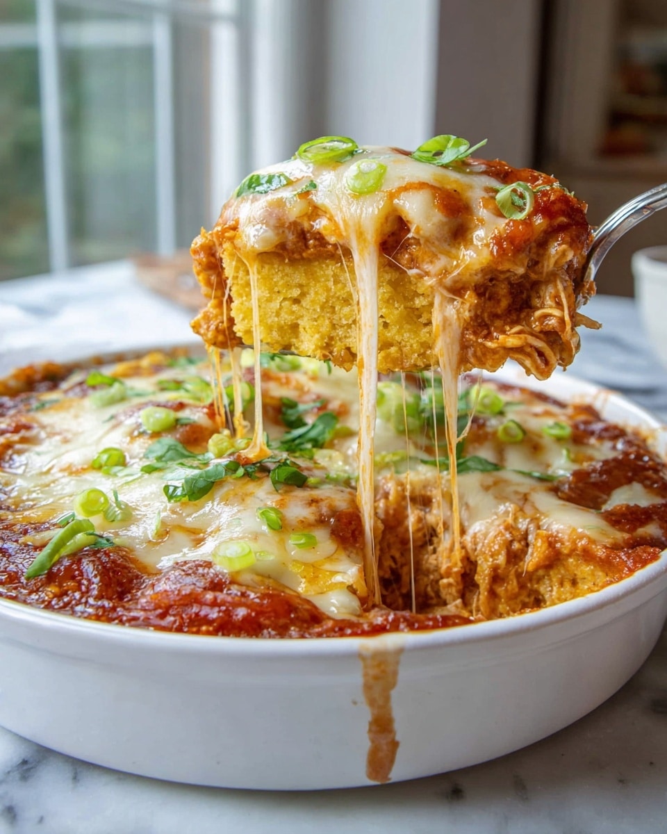 A white round dish filled with a layered baked casserole is shown, with one large slice being lifted by a fork. The bottom layer is a thick red tomato sauce. Above that is a textured yellow layer that looks like corn or a baked corn meal. The top layer is melted cheese that is golden brown in spots, stringy, and stretchy, pulling away from the slice with strands hanging. Small green chopped herbs and sliced green onions are scattered over the cheese on the casserole. The background is blurred but shows a window and indoor setting on a white marbled surface. photo taken with an iphone --ar 4:5 --v 7