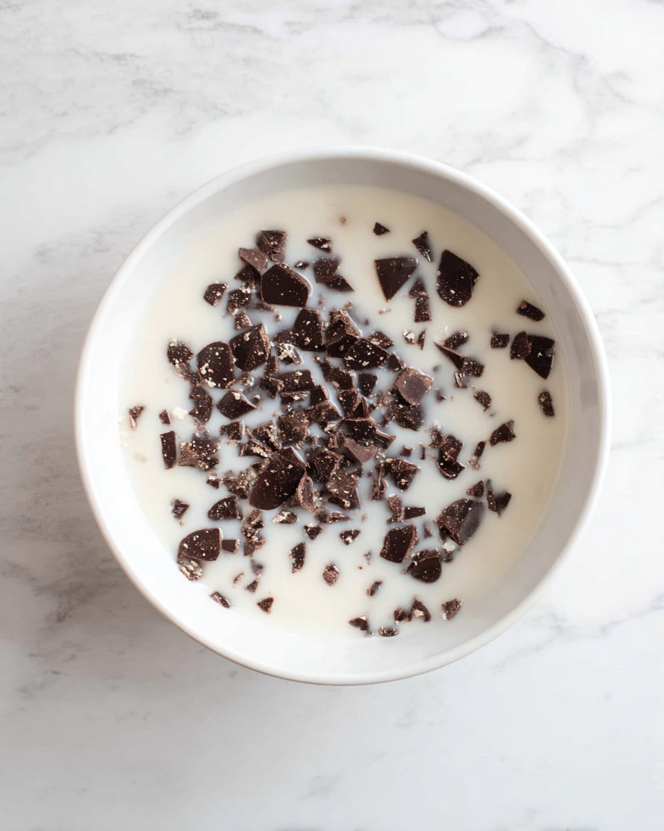 A white bowl filled with a creamy white liquid, with many dark brown chocolate chips scattered on the surface. The chocolate chips float unevenly, showing different sizes and some sparkle from light. The bowl is placed on a white marbled surface, giving a clean and bright look. photo taken with an iphone --ar 4:5 --v 7