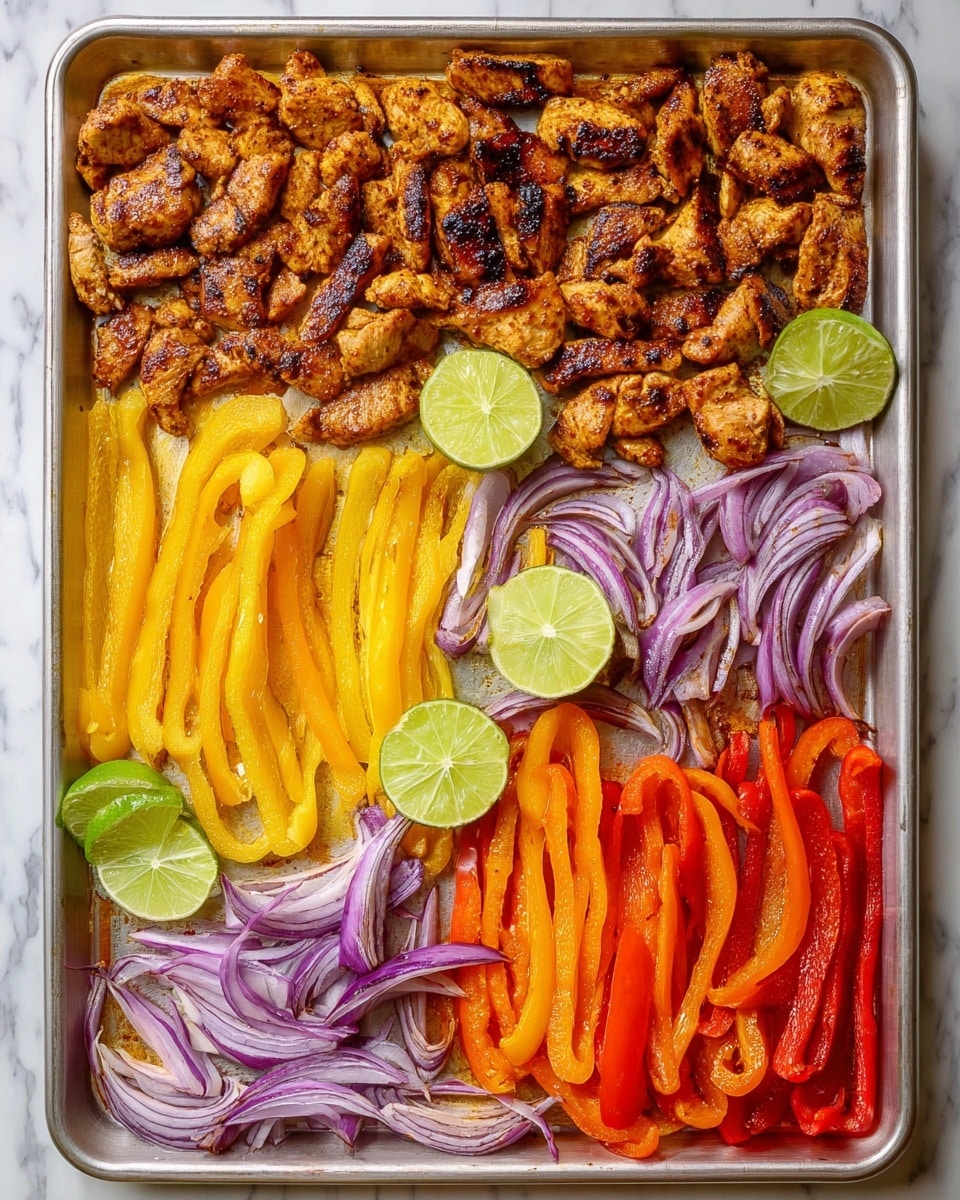 The image shows a large metal baking tray filled with cooked food arranged in layers by type. The top two-thirds of the tray is covered with grilled, golden-brown pieces of meat with some darker char marks, spaced evenly. The bottom third of the tray is divided into four sections of sliced vegetables: bright yellow pepper strips on the left, orange pepper strips next to them, red pepper strips on the bottom right, and thinly sliced purple onions on the bottom left. There are four lime wedges placed in the corners between the meat and vegetables. The tray sits on a white marbled surface. Photo taken with an iphone --ar 4:5 --v 7