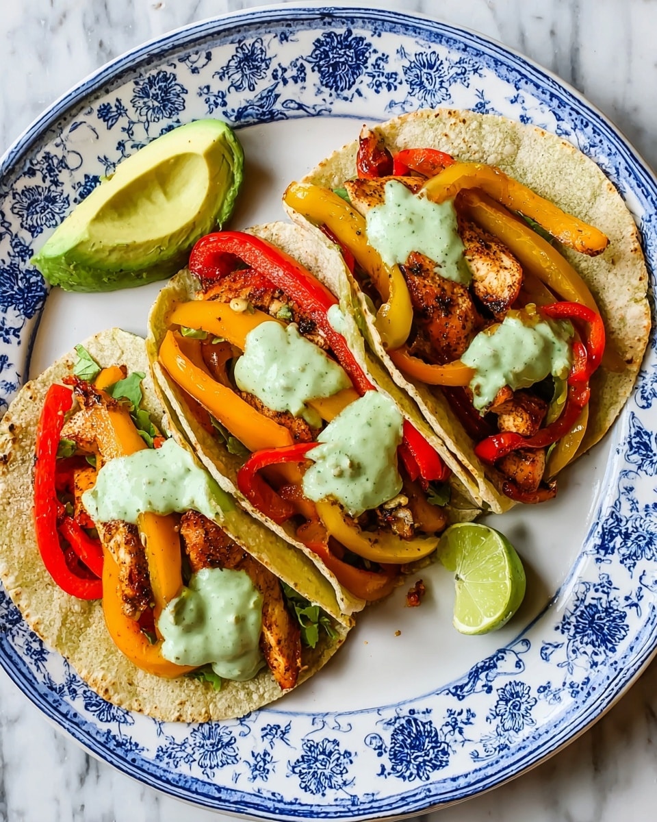 Three soft corn tortillas rest side by side on a white plate with blue floral patterns, placed on a white marbled surface. Each tortilla holds grilled pieces of chicken with a golden-brown color as the base layer. On top, there are tender strips of red, yellow, and orange bell peppers with a slight shine, adding bright colors. Half of the tortillas have a thick slice of light green avocado placed neatly on one side. A creamy light green sauce is drizzled over the chicken and peppers, giving a fresh look. A small wedge of lime sits on the plate near the bottom of the tortillas. photo taken with an iphone --ar 4:5 --v 7