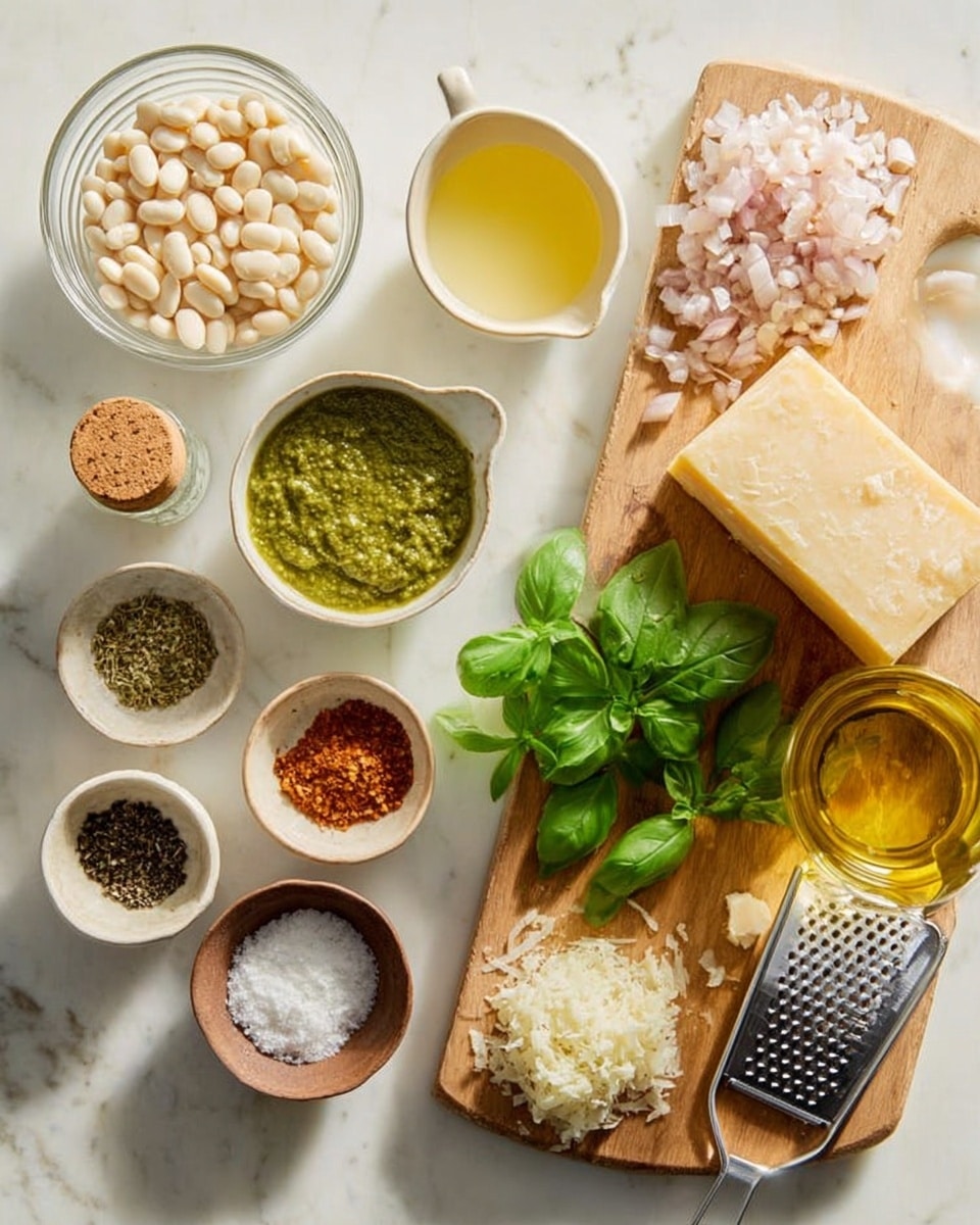 The image shows a white marbled surface with a wooden cutting board on the right side. On the board, there is a small pile of finely chopped shallots, a small bunch of fresh bright green basil leaves, and a block of pale yellow hard cheese with a metal grater leaning against it. To the left of the board, there are several small bowls and containers arranged neatly: a clear glass bowl filled with white beans, a clear jug of light yellow broth, a small beige bowl with a red spice mix, a small white bowl with thick green pesto, a tiny cup with light yellow liquid, a glass bottle of olive oil with a cork stopper, a brown bowl with dried herbs, a small bowl of minced garlic, a white square container with white salt and a small spoon, and a dark bowl with black pepper. The colors are natural and fresh tones, and the lighting is soft and natural. Photo taken with an iphone --ar 4:5 --v 7